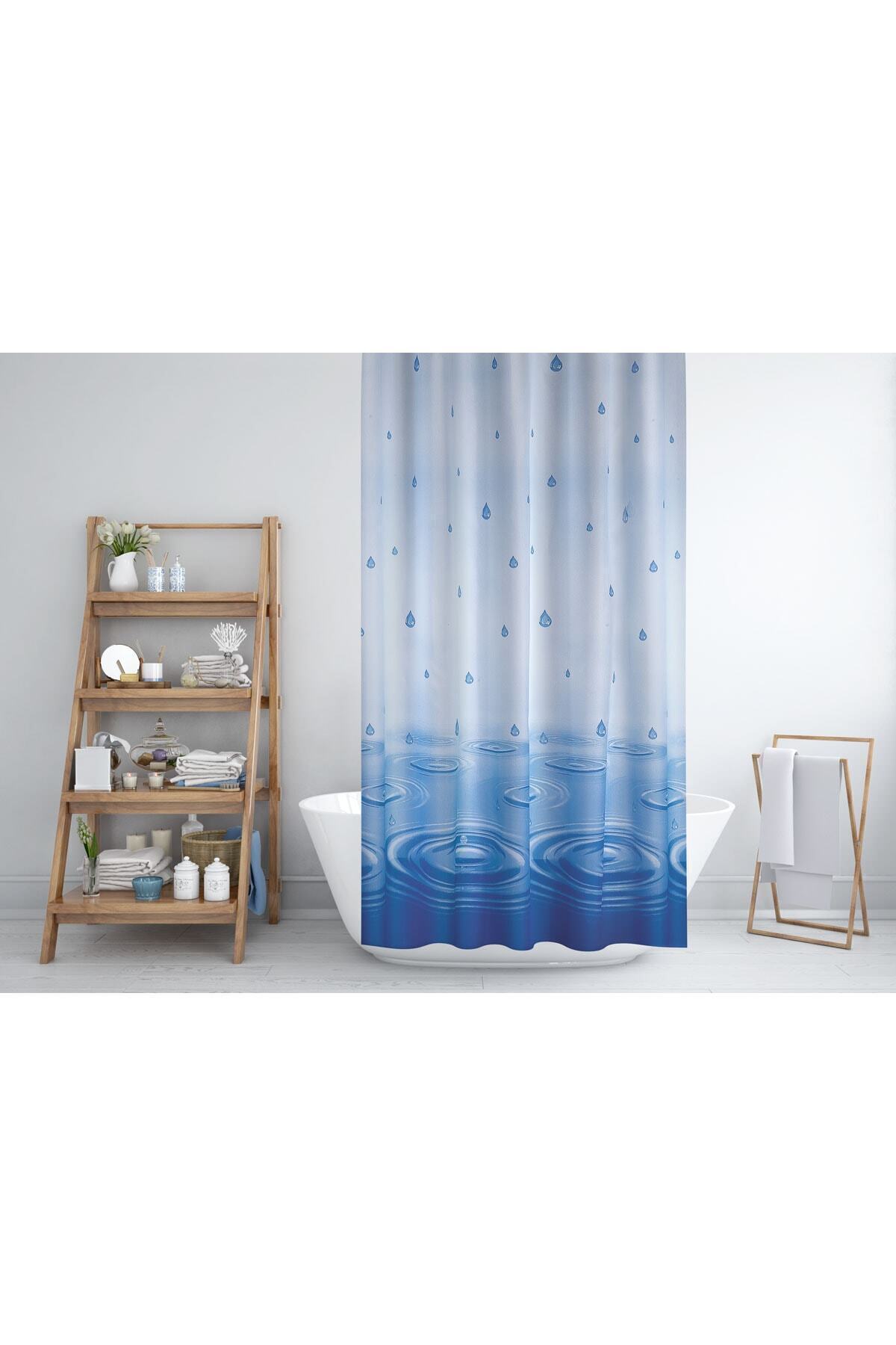 Tropikhome 180 x 200 Mavi Su Damlası Desenli Banyo Perdesi — Mavi