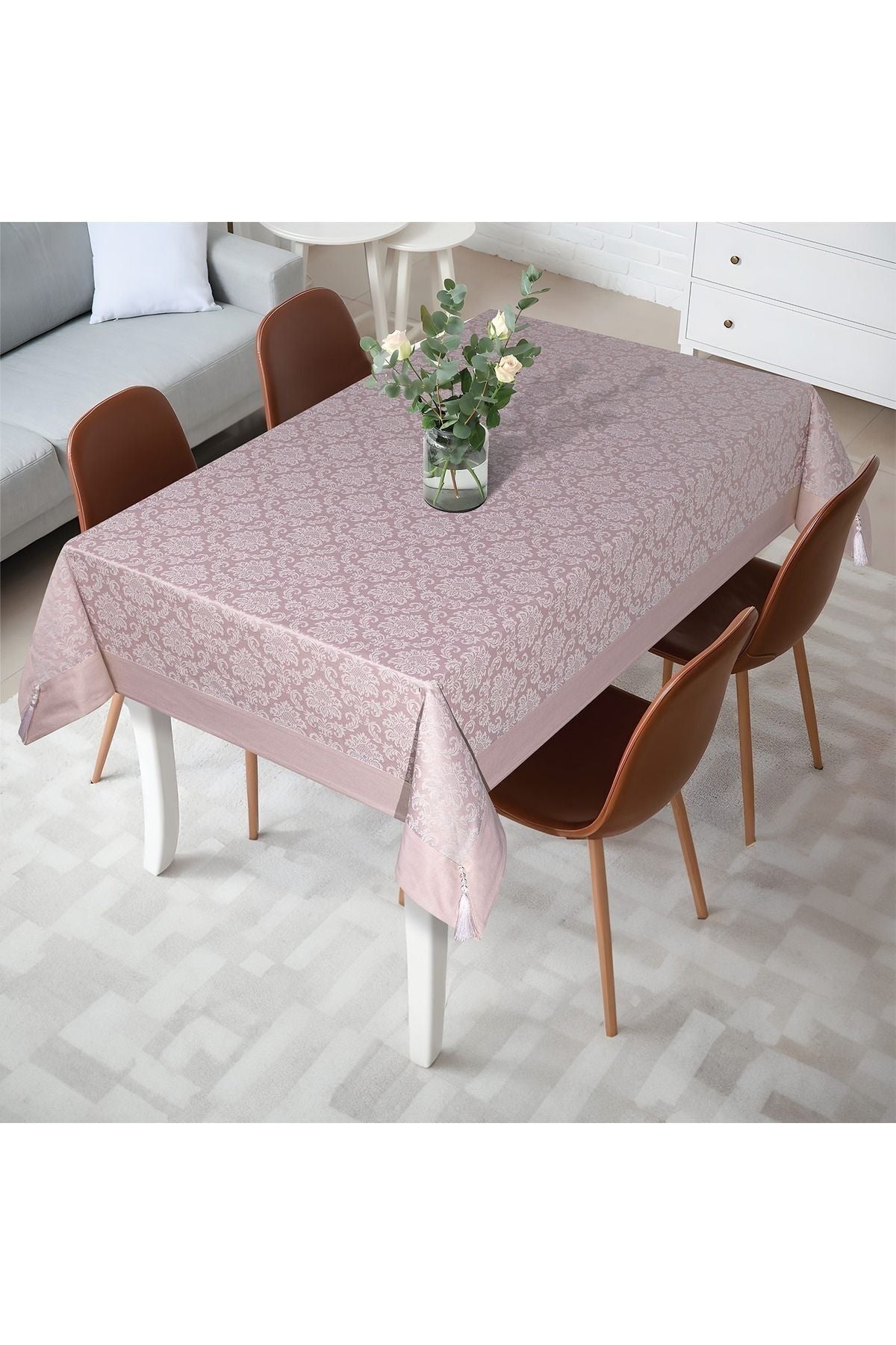 Tropikhome 160 x 220 Pembe Pamuklu Damask Desenli Bordürlü Masa Örtüsü — Pembe