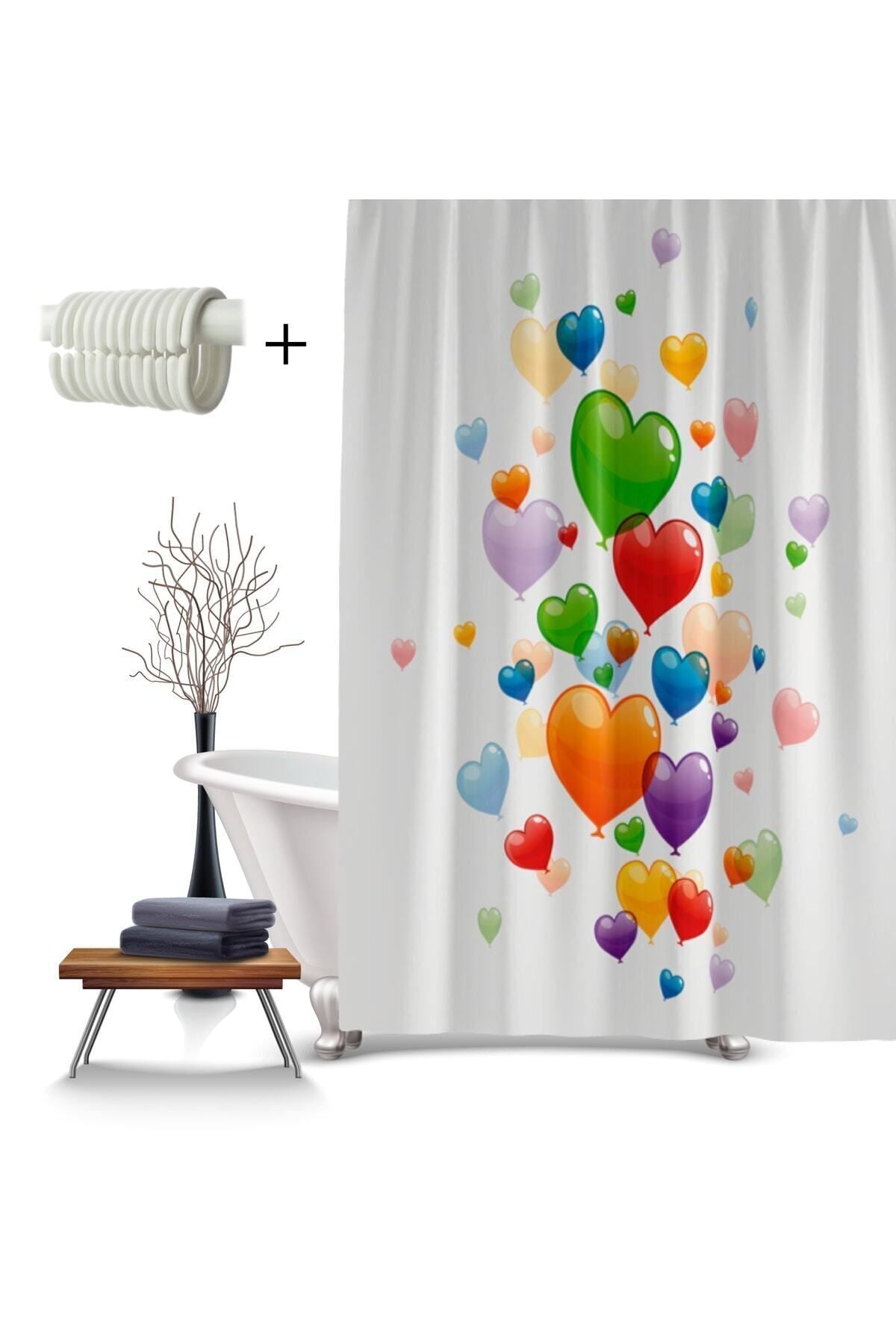 Tropikhome 180 x 200 Çok Renkli Kalpli Balon Desenli Banyo Perdesi — Çok Renkli
