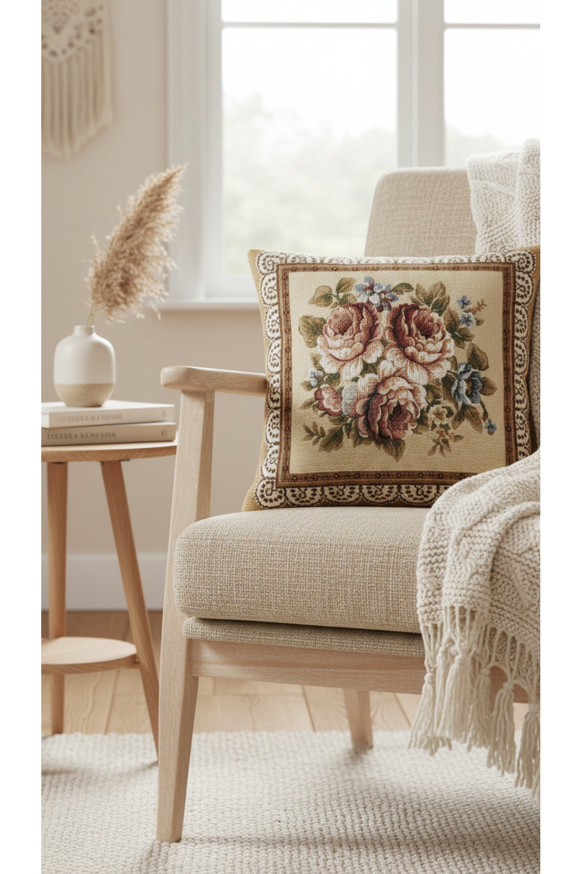 Tropikhome ST-9 Kırsal Ev Desenli 45 x 45 Cm Çift Taraflı Goblen Dokuma Kırlent Kılıfı — Çok Renkli