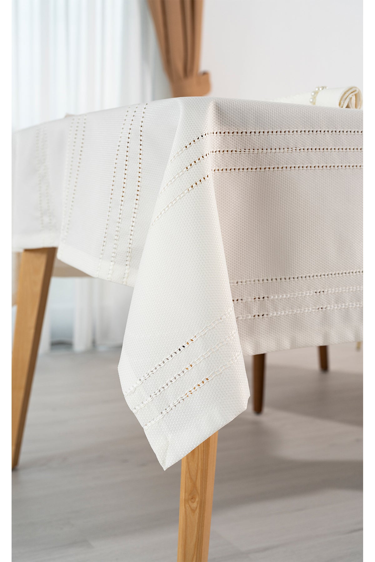 Tropikhome 160 x 220 + 1 Runner + 12 peçete + 12 Yüzük'lü Keten Görünümlü 26 Parça Dertsiz Çeyiz Seti — Krem