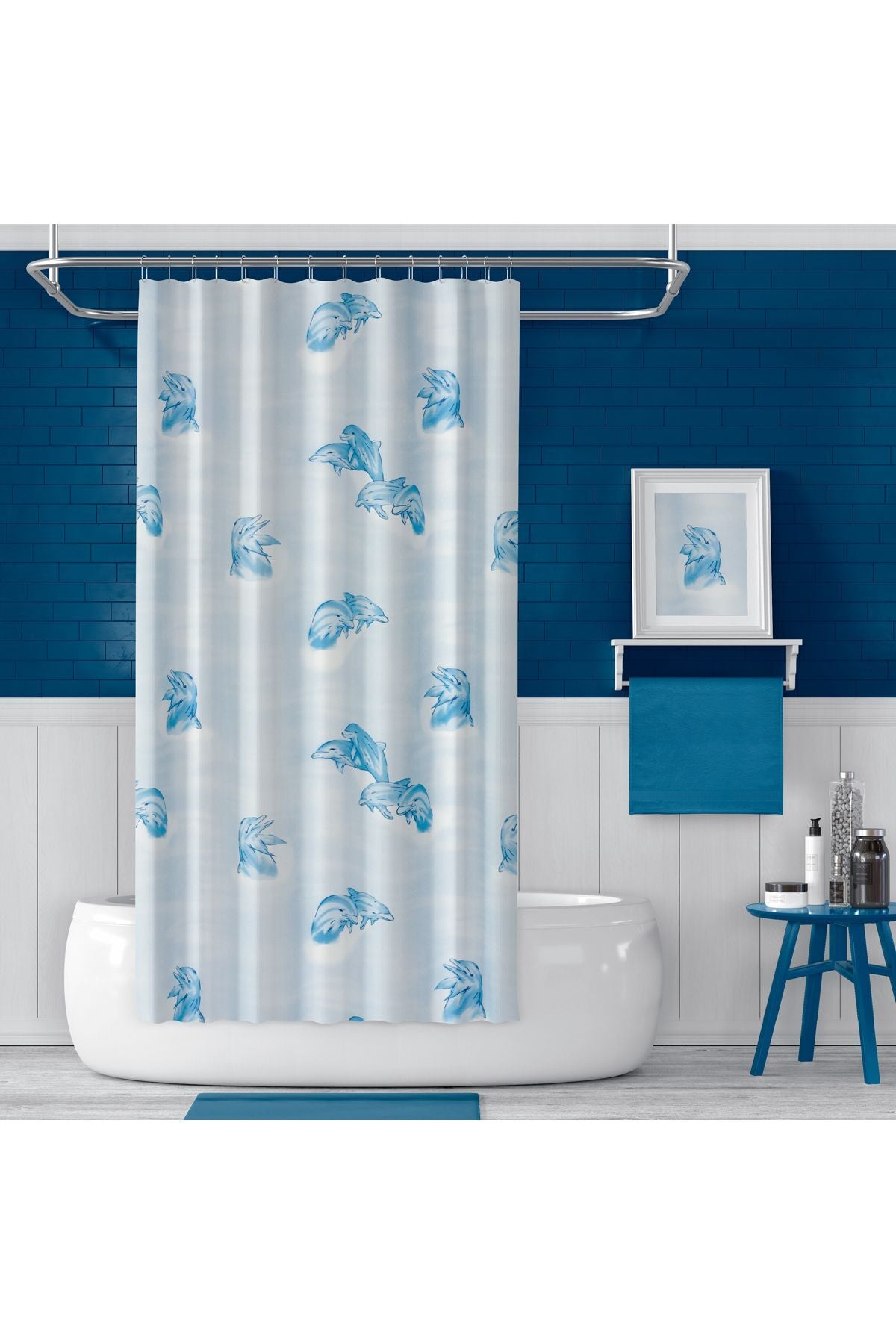 Tropikhome 180 x 200 Mavi Yunus Desenli Banyo Perdesi — Mavi