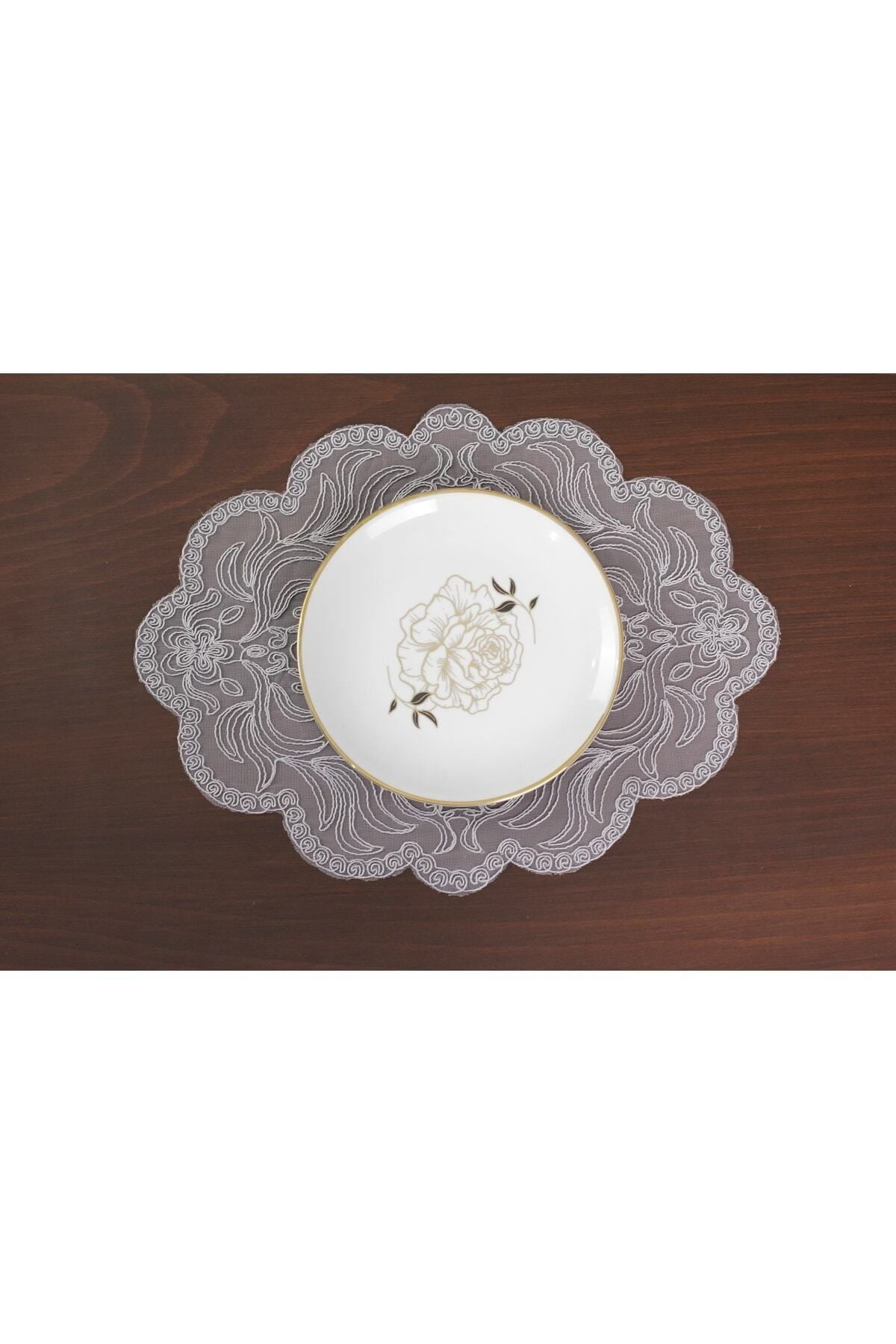 Tropikhome Nakışlı Gri 40 x 110 Runner + 40 x 40*12 Amerikan Servisli 13 Parça Sunum Yemek Seti — Gri
